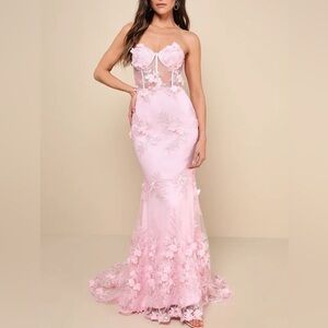 Lulus Elegant Pink Embroidered Floral Lace Bustier Maxi Dress Gown Size S